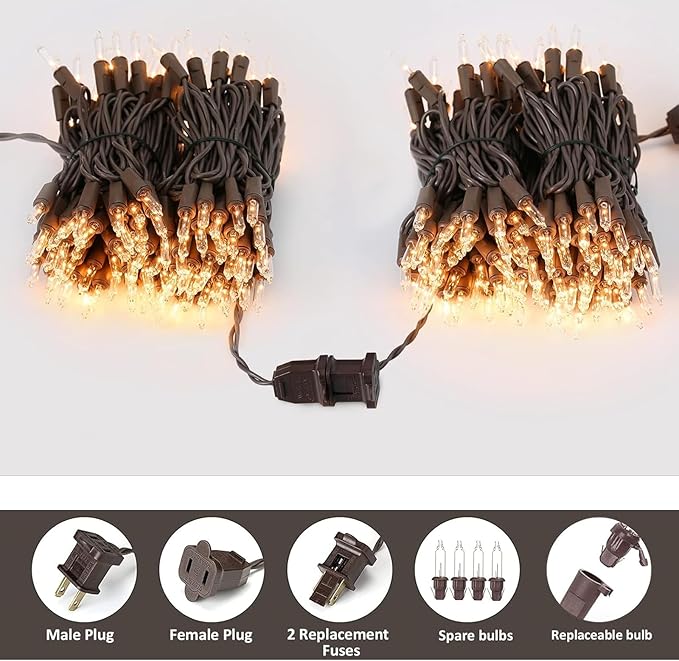 Vigdur 2 Packs 13ft 50 Clear Outdoor String Lights on Brown Wire Cord, UL Approved Connectable Outdoor Lights for Xmas Patio Home Party Garden Decor(Brown)