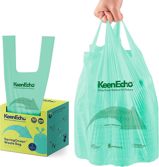 2 Gallon 200 Counts Small Green Trash Bags with Handle, Ocean Fishing Nets Upcycling, Sage & Sea Salt Scented, Plastic Garbage Bags, Waste Bag for Kitchen, Bathroom, Office and Pets