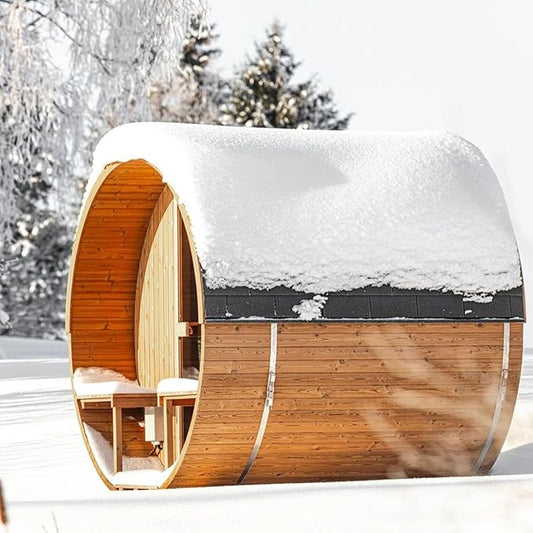 Outdoor Barrel Sauna 4 Person, Canadian Pinewood with Porch, 220V, Half Glass Window, 4.5KW Toule Heater,Waterproof System, Rugged Base(0-195℉)
