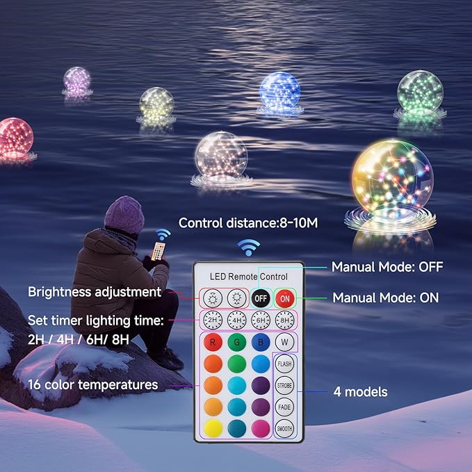 4 Pack Solar Floating Pool Lights, 14 Inch RGB Inflatable LED Pool Balls with Remote, IP68 Waterproof Color Changing Pool Lights That Float for Swimming Pool Party Yard Outdoor Night Decor