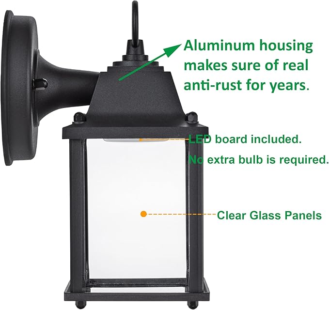 LIT-PaTH Outdoor LED Wall Lantern, Wall Sconce as Porch Lighting Fixture, 3000K Warm White, 9.5W 800 Lumen, Aluminum Housing Plus Glass, Black Finish, 1-Pack