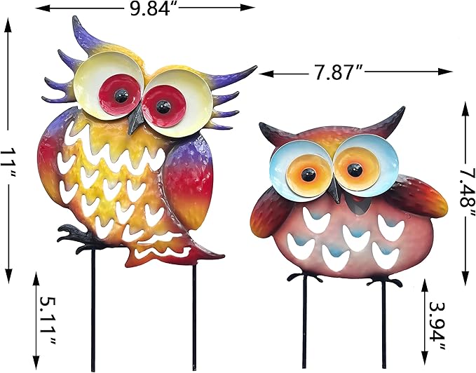 Pack of 2 Metal Fresh Color Owl Garden Statues Silhouette Couple Stakes Decorative Outdoor Animal Sculptures for Yard Décor and Lawn Ornaments