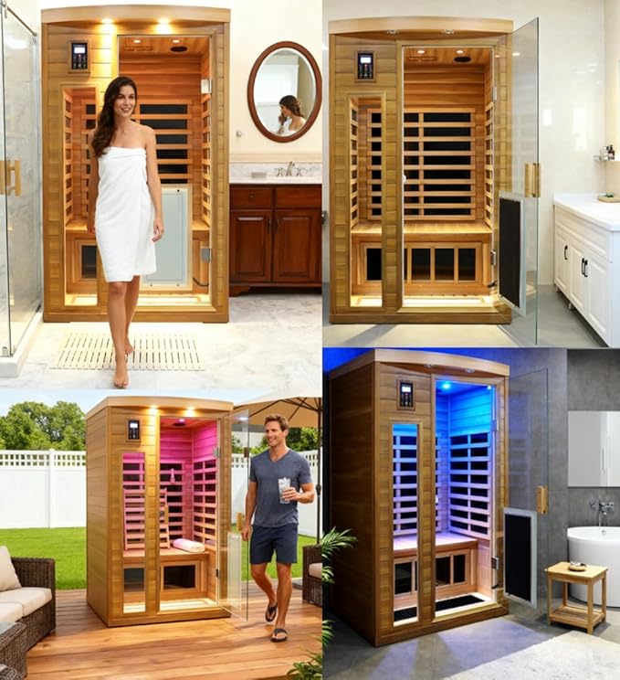 2 Person Infrared Sauna, Red Cedar Wood Low EMF Far Infrared Saunas for Home, 1750watt Indoor Personal Sauna Roombox with Door Heating Panels, 7-Color Lights, Outdoor Lamps, Blue-Tooth