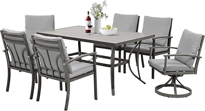 HAPPATIO 7-Piece Outdoor Dining Set - All Aluminum Patio Dining Set for 6 Includes 1 Rectangular Table, 4 Dining Chairs, and 2 Swivel Chairs with Cushions for Lawn, Garden