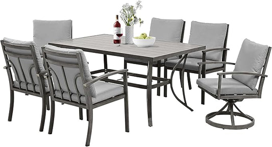 HAPPATIO 7-Piece Outdoor Dining Set - All Aluminum Patio Dining Set for 6 Includes 1 Rectangular Table, 4 Dining Chairs, and 2 Swivel Chairs with Cushions for Lawn, Garden