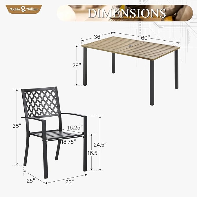 Sophia & William Patio Table and Chairs Set, Outdoor Dining Set for 6, 7 Piece Metal Patio Furniture, 60" Rectangular Table with Wood-Like Tabletop(Diamond)