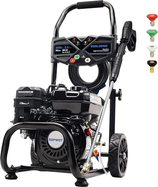 3500 PSI Gas Pressure Washer, 2.3 GPM Heavy-Duty High-Power Cleaner with 209CC 7HP Engine, 25Ft Hose, Axial Aluminum Pump, Soap Tank & 4 Quick-Connect Adjustable Nozzles (Black)
