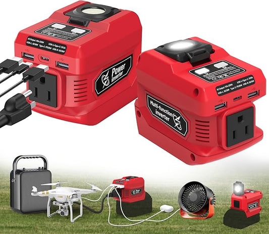 220W Power Inverter Compatible with Milwaukee 18V Battery, DC 18V to AC 110V Portable Power Station Generator with 1 AC Outlet, 2 USB Ports & 1 Type-C Fast Charging, 400LM LED Work Light (2-Pack)