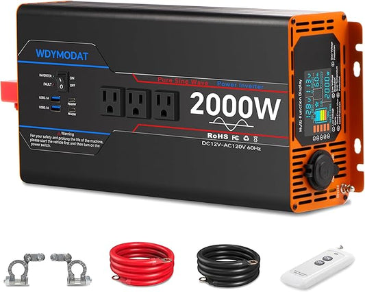 2000W Pure Sine Wave Inverter, Car Power Inverter 12V to 110V 120V, DC to AC Converter Generator with AC Outlets 3.0A USB Type-C, Remote Controller LCD Display Truck Inversor for Vehicles, RV