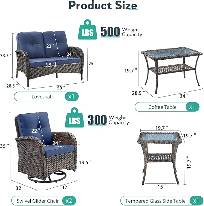 5 Piece Patio Furniture Set - Wicker Patio Conversation Set with Swivel Glider, Loveseat Bench, Tempered Glass Side Table and Coffee Table for Deck Backyard - Brown Wicker Blue Cushion
