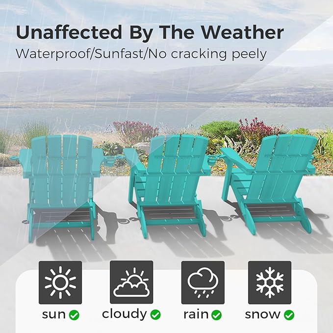 Folding Adirondack Chair Wood Texture 2 Pack, HDPE All-Weather Fire Pit Chairs, Plastic Adirondack Chairs with 2 Cup Holder, Outdoor Lawn Chair for Patio Garden (Lake Blue)