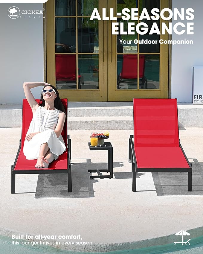 Aluminum Chaise Lounge Chair Outdoor with Wheels, Patio Lounge Chair with Adjustable 5-Position Recliner and Full Flat Tanning Chair for Patio, Beach, Pool, Red