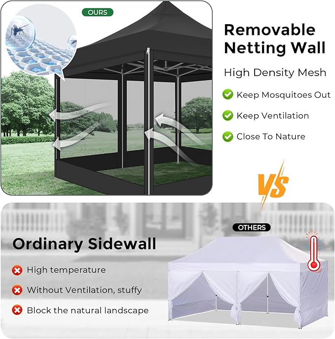 COBIZI 10x10 Heavy Duty Pop Up Canopy with 4 Mosquito Netting Wall, Easy Set Up Commercial Gazebo Party Tent, Outdoor Instant Screen Canopy for Backyard, Patio, Garden, Black