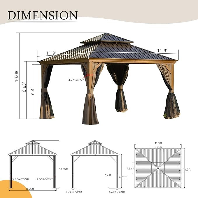 12' x 12' Hardtop Gazebo Outdoor Aluminum Gazebos Wood Grain with Galvanized Steel Double Canopy for Patios Deck Backyard,Curtains&Netting by domi outdoor living