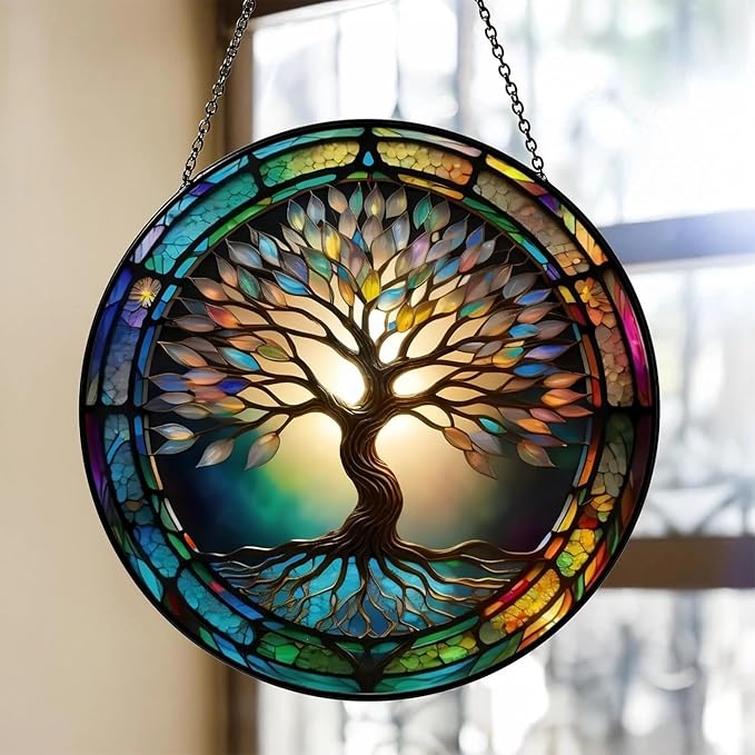 Colorful Tree of Life Suncatcher -7.9 in Stained Glass Window Hanging Catcher Garden Decor