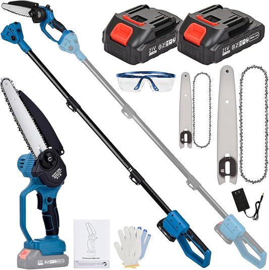 2-in-1 Electric Pole Saw, 6” & 8” Mini Chainsaw Cordless with Extension Pole & 2 x 21V Batteries, Tree Trimmer Tool for Branch Cutting & Pruning, Home & Garden & DIY