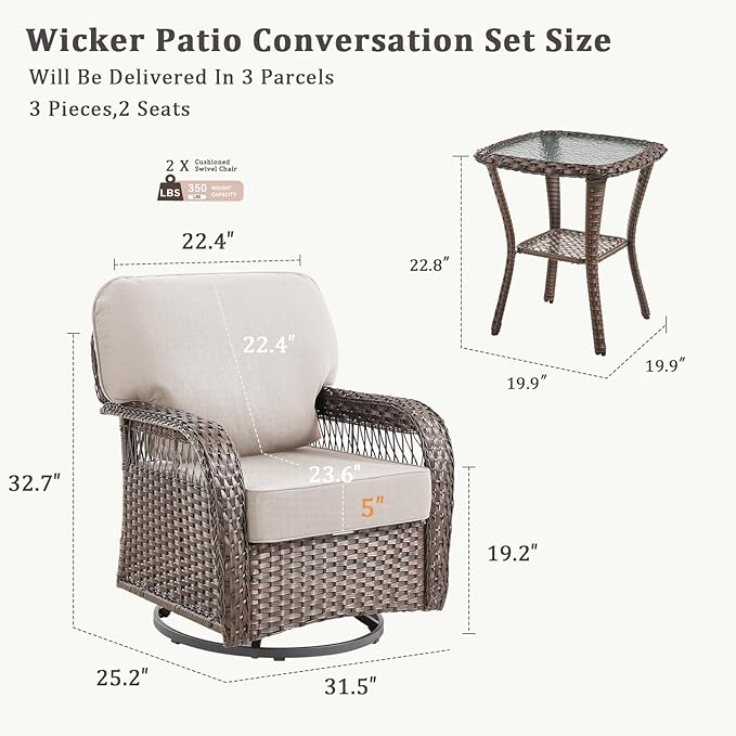 Outdoor Swivel Rocker Chairs - Patio Rocking Chairs Set of 2, 3PCS Wicker Patio Set with 5" Thick Cushion and Side Table, Rattan Patio Swivel Rocking Chairs for Porch, Deck, Backyard Beige/Brown