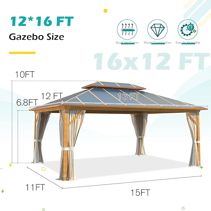 12'x16' Gazebo, YOLENY Outdoor Wood Grain Hardtop Gazebos on Clearance, Aluminum Composite Double Roof with Privacy Curtain and Mosquito Net for Patio, Lawn, Garden, Deck, Gray
