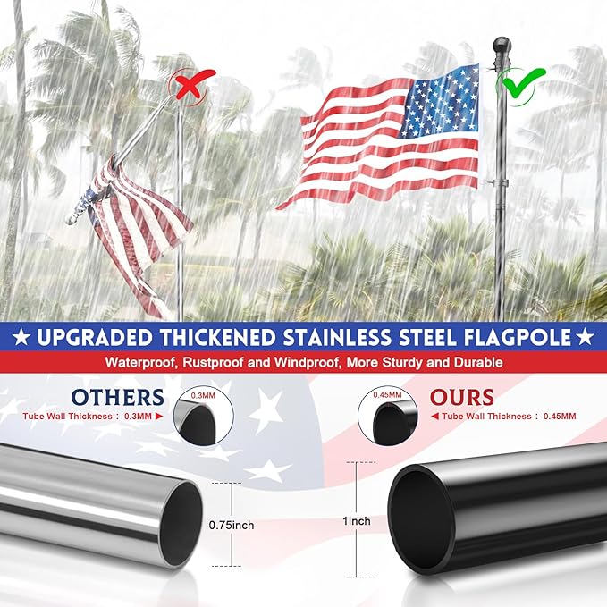 REERON Flag Pole Kit for House, 6 FT Stainless Steel Spinning Flag Pole, 1" Rustproof Porch Flagpole with 360° Metal Anti-wrap Flagpole Rings & 2-Position Bracket for Outdoor Home Sport for 3x5 Flags