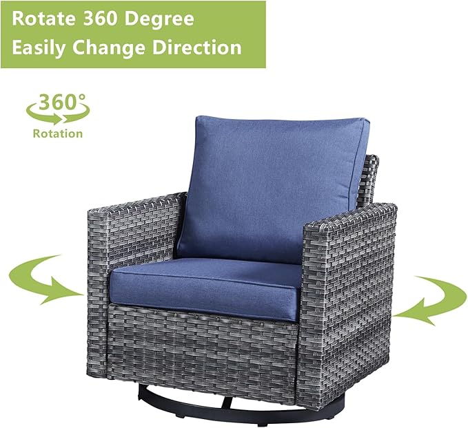 Rilyson Wicker Outdoor Patio Furniture Set - 5 Piece Patio Conversation Set with 2 Swivel Rocker Chairs,2 Rattan Ottoman and 1 Metal Side Table for Outside Porch Deck Backyard Garden(Mixed Grey/Blue)