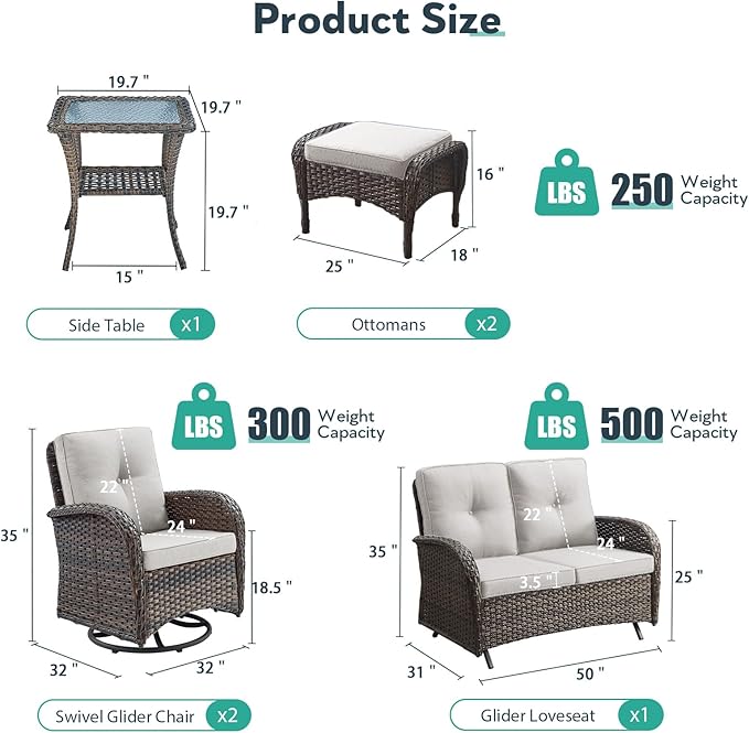Outdoor Swivel Glider Rocker Chairs Set- 6 Piece Patio Furniture Set with A Glider Loveseat, Tempered Glass Side Table and 2 Ottoman, for Balcony, Porch - Brown Wicker, Beige Cushion