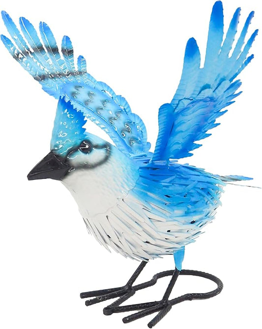 9.5" Blue Jay Garden Decor, Hand-Painted Metal Bird Sculpture, Weatherproof Yard Art for Patio, Farmhouse Spring Gift