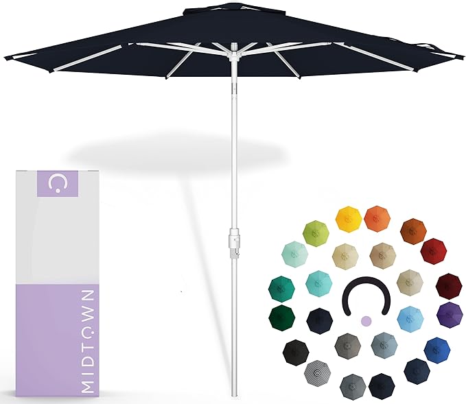 Midtown Umbrellas The Swilt 9 Feet Patio Umbrella in Sunbrella Canvas Navy Acrylic Fabric - Fiberglass Ribs, Auto-Tilt Aluminum Frame For Backyard, Deck, Garden, Pool - White Pole