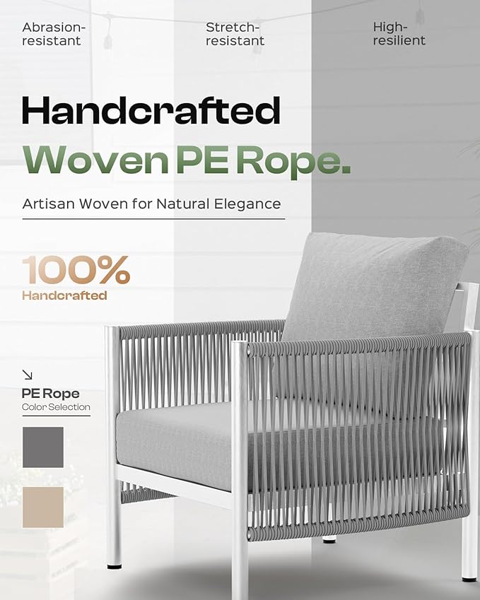 Aluminum Outdoor Patio Furniture Set, HDPE Rope 5 Piece Modern Sectional Conversation Sets with Dual-Layer Coffee Table, All Weather Patio Couch Sofa with Thick Cushions, Silver Frame, Silver