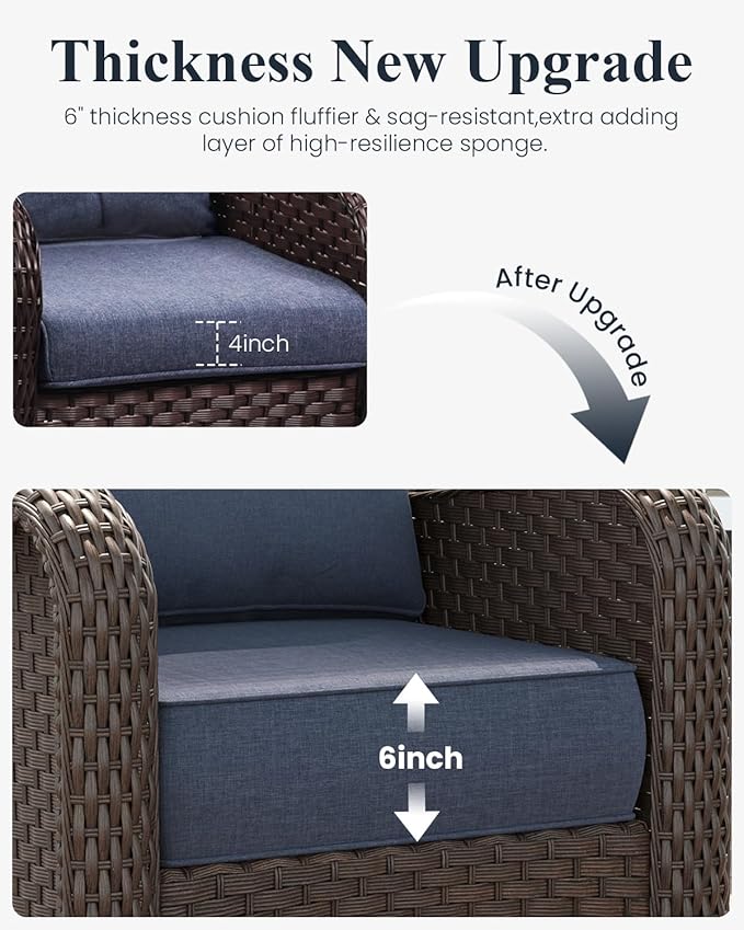 LayinSun 3 Piece Wicker Outdoor Furniture Set with 6-inch Comfy Cushions, High Back Patio Furniture Set with Swivel Rocking Chairs and Side Table
