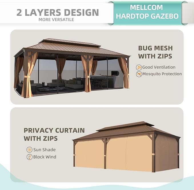 MELLCOM 12'x22' Hardtop Gazebo, Galvanized Steel Double Roof Canopy with Aluminum Frame, Permanent Metal Pavilion Gazebos with Netting and Curtains for Patio Backyard Deck and Lawns
