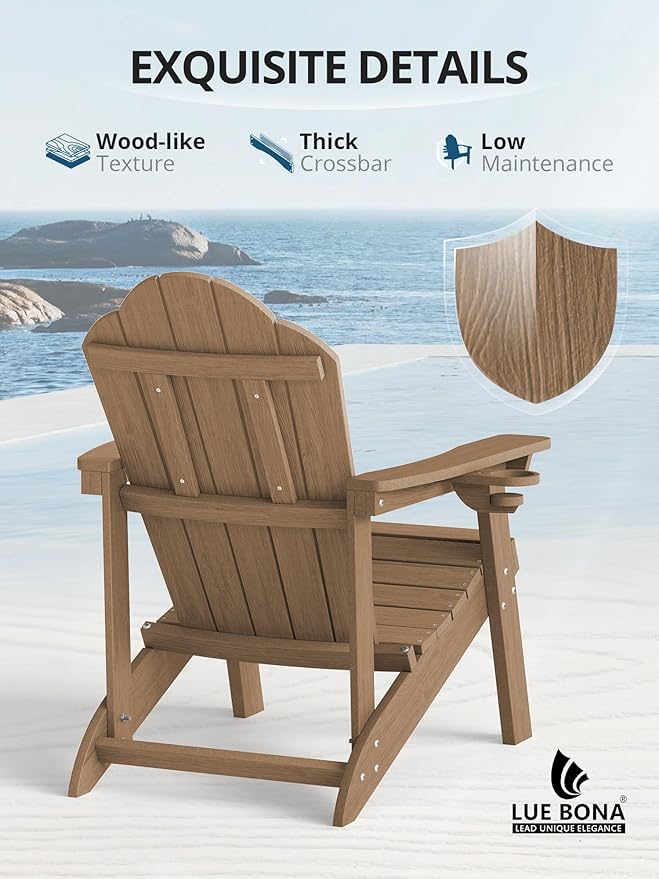 LUE BONA HDPE Adirondack Chairs Set of 4,Plastic Adirondack Chairs with Cup Holder Weather Resistant for Outdoor, Patio, Lawn, Garden, Backyard Deck, Fire Pit, Brown