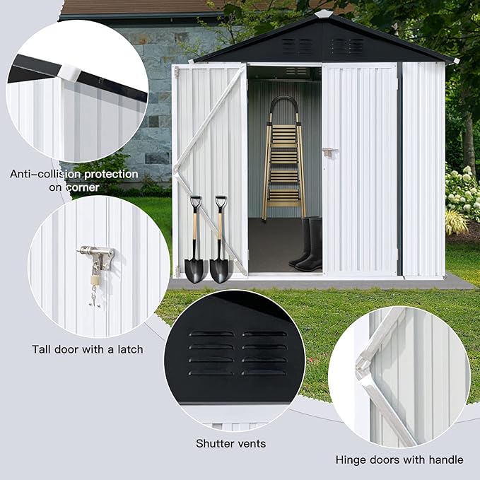 6 x 4 FT Metal Outdoor Storage Shed & Double Hinged Large Door - Heavy-Duty Shed with Floor, Lockable & Ventilation - Rainproof Windproof Large Utility Garden Shed for Backyard Patio Lawn - White