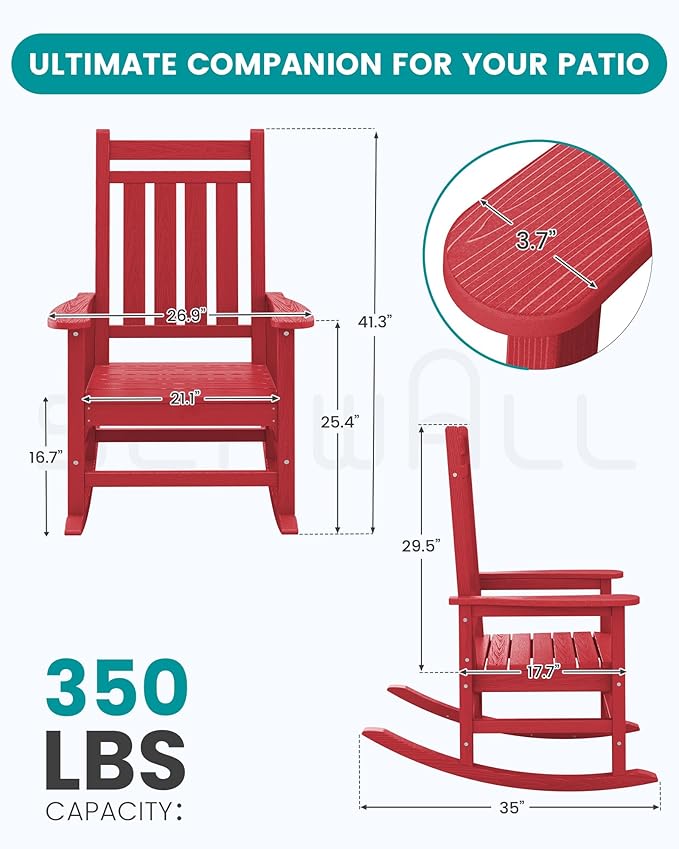 SERWALL Oversized Outdoor Rocking Chair Set of 2, HDPE Rocker for Adults, Patio Rocking Chairs for Porch, Red