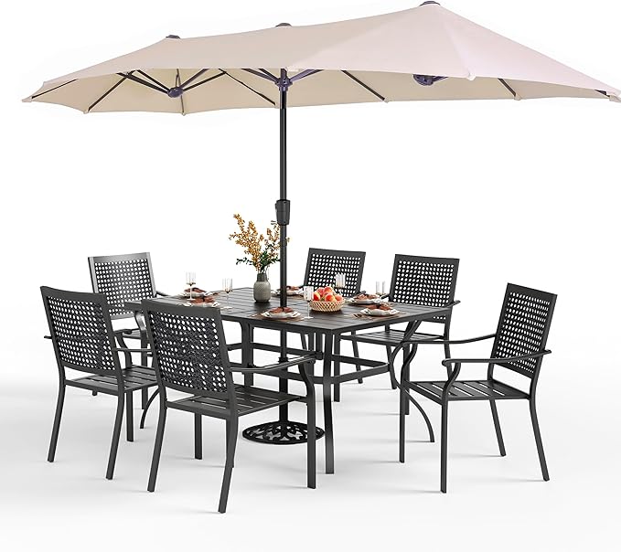 PHI VILLA 7 Pieces Patio Dining Set for 6 with 13ft Large Patio Umbrella, Metal Outdoor Stackable Wrought Iron Chair Set of 6 & 60"X38" Metal Dining Table,Market Table Beige Umbrella