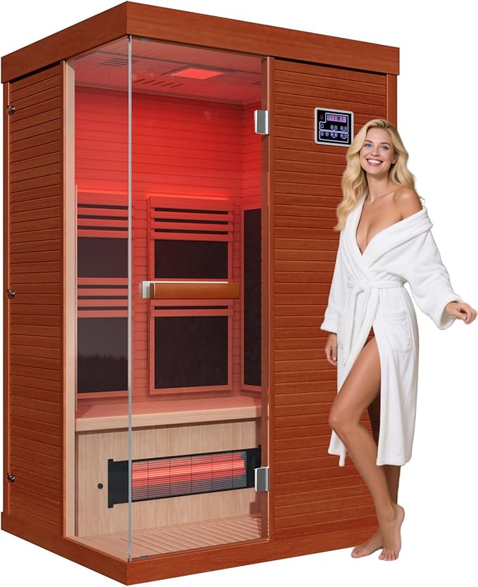OnxyEdge 2-Person Full Spectrum Sauna with 6.5 * 6.5" Red Light Therapy & 2 Built-in Speakers, Indoor Dry Sauna 1990W/120V with Dual LED Controls for Home & Gym – Canadian Hemlock Spa Room (Wood)