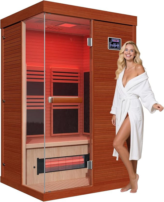 OnxyEdge 2-Person Full Spectrum Sauna with 6.5 * 6.5" Red Light Therapy & 2 Built-in Speakers, Indoor Dry Sauna 1990W/120V with Dual LED Controls for Home & Gym – Canadian Hemlock Spa Room (Wood)