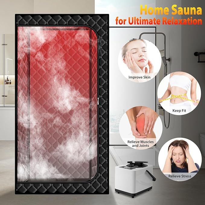 Gollense Portable Sauna for Home with 660nm Red Light Therapy Lamp, Full Body Sauna Sweat Tent with 3L 1100W Steamer, Thicken Sauna Box, Folding Chair, Adjustable Temperature, Timer Setting, Black