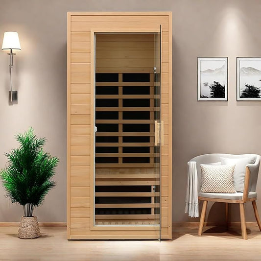Infrared Sauna for Home Single Person Hemlock Far Infrared Roof Embedded Indoor Sauna for Home with Bluetooth & LED, Natural