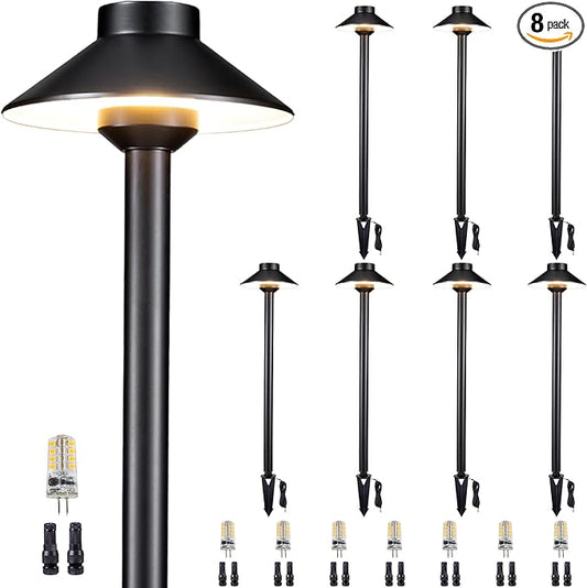 Gardenreet Brass Low Voltage Path Lights - 12V Landscaping Pathway Light IP65 Waterproof, Wired Walkway Lighting Outdoor, LED Black for Lawn Backyard with 3W 5000K Daylight G4 Bulb (8 Pack)