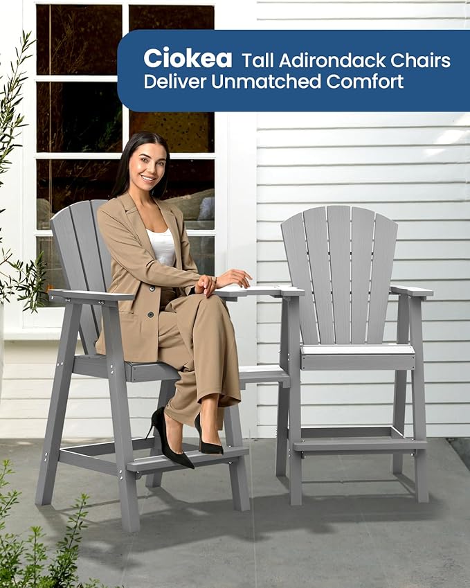 Ciokea Tall Adirondack Chairs Set of 2, HDPE Outdoor Adirondack Bar Stools with Double Connecting Tray, Weather Resistant High Back Adirondack Balcony Chairs for Deck, Lawn, Pool, Backyard, Grey