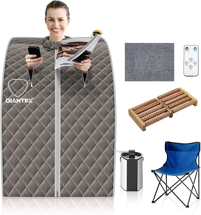 Giantex Portable Steam Sauna, Personal Therapeutic Sauna for Detox, Temperature & Timer Adjustable, 800W Sauna Box Spa w/Chair, 3L Steamer,Massage Roller,Mat,Remote Control, Home Sauna Tent (Gray)