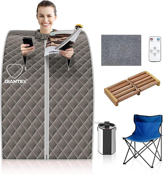 Giantex Portable Steam Sauna, Personal Therapeutic Sauna for Detox, Temperature & Timer Adjustable, 800W Sauna Box Spa w/Chair, 3L Steamer,Massage Roller,Mat,Remote Control, Home Sauna Tent (Gray)