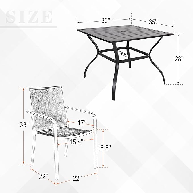 Anumutig 5-Piece Patio Dining Set, 35-Inch Square Table with 4 Stackable Chairs, Black Frame with Red Mesh, Outdoor Furniture