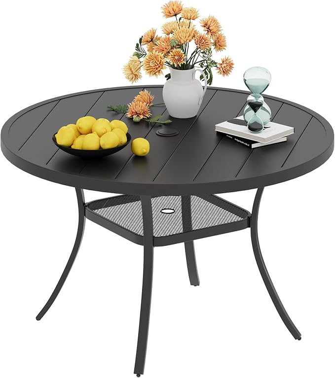 VICLLAX 48" Round Patio Dining Table for 4-6, Metal Outdoor Dining Table with Umbrella Hole for Garden Lawn Deck, Black