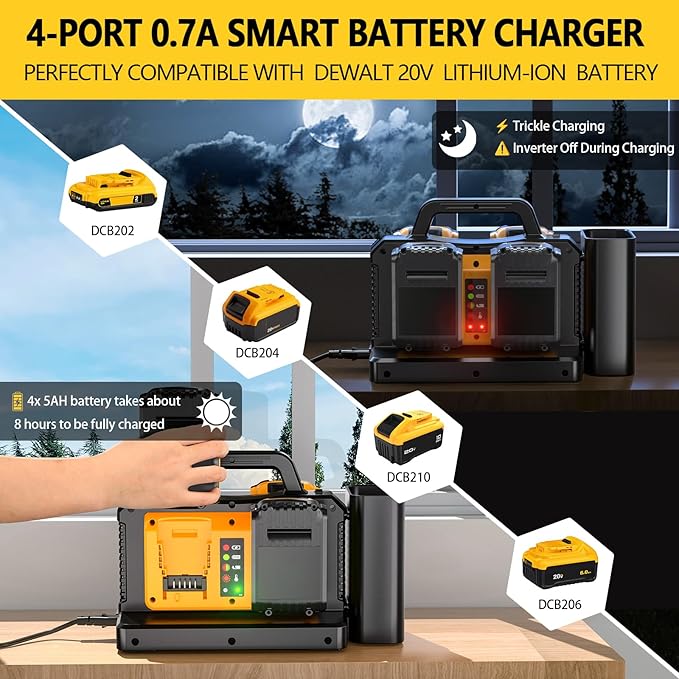 500W Pure Sine Wave Power Inverter for DeWalt 20V Battery, 4-Ports DC 20V to AC(2 Outlets) 120V Car Charger Plug Inverter Adapter Converter for Camping, Travel,Emergencies(Tool Only)