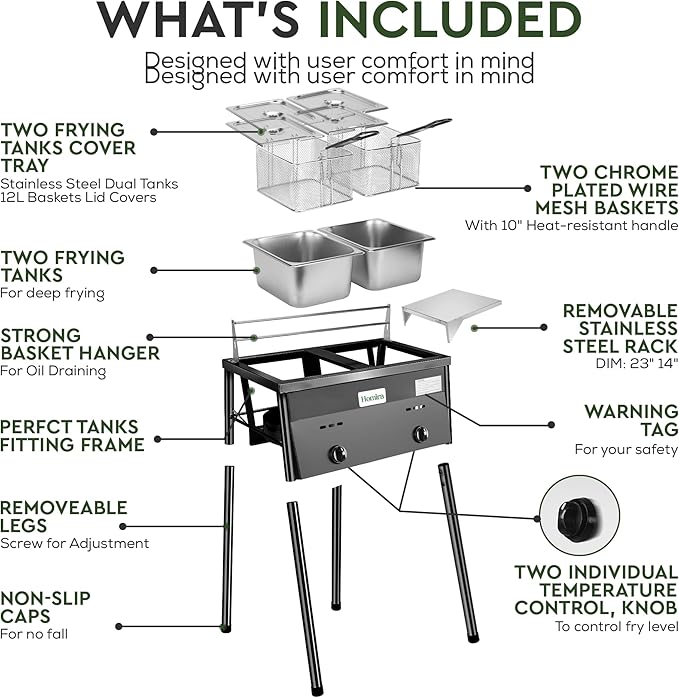 HOMIRA Iron Two-Tank Propane Deep Fryer with Thermometer, 2 Stainless Steel Baskets and Lids Fish Fryer with Adjustable Temperature Regulator, Outdoor Dual Fryer for Frying