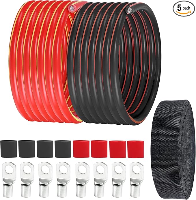 2 Gauge Battery Welding Cable, 12 Feet Black and 12 Feet Red CCA Wire with M8 & M10 SC Connector Lugs Shrinkable Tubing and Braided Sleeve for Car, Camper, RV, Solar Low Voltage Wiring