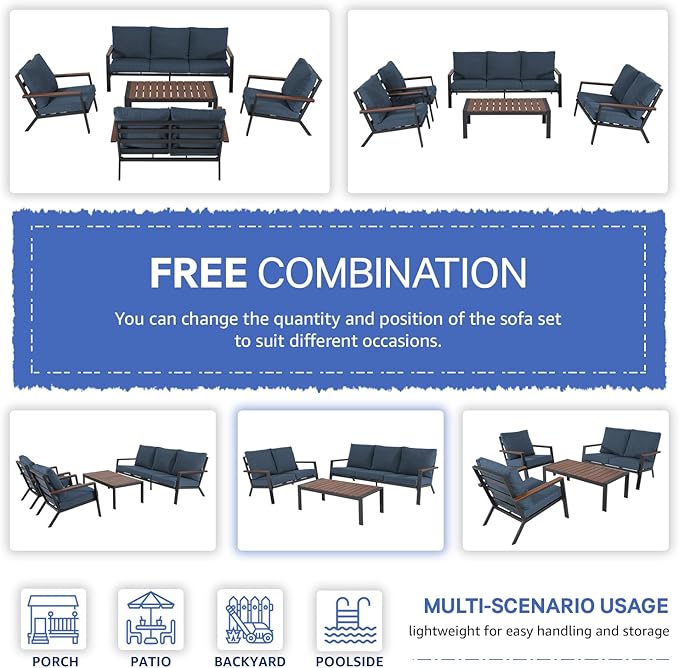 Soleil Jardin Aluminum Patio Furniture Set with FSC Certified Solid Wood Top Armrest & Coffee Table, Outdoor Deep Seating Sectional Sofa, 5 Piece Conversation Sets w/Removable Cushion, Denim Blue