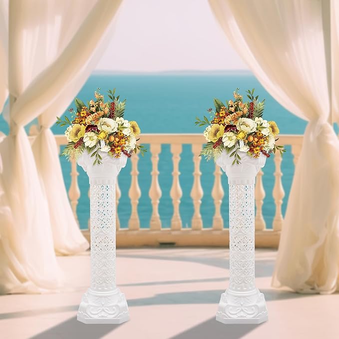 Roman Column Pedestal, Plastic White Columns for Weddings Indoor/Outdoor Roman Pillar Stand for Table Sculptures, Vase, Garden Decor (2PCS, 10.6 x 34.6 Inch Fretwork)