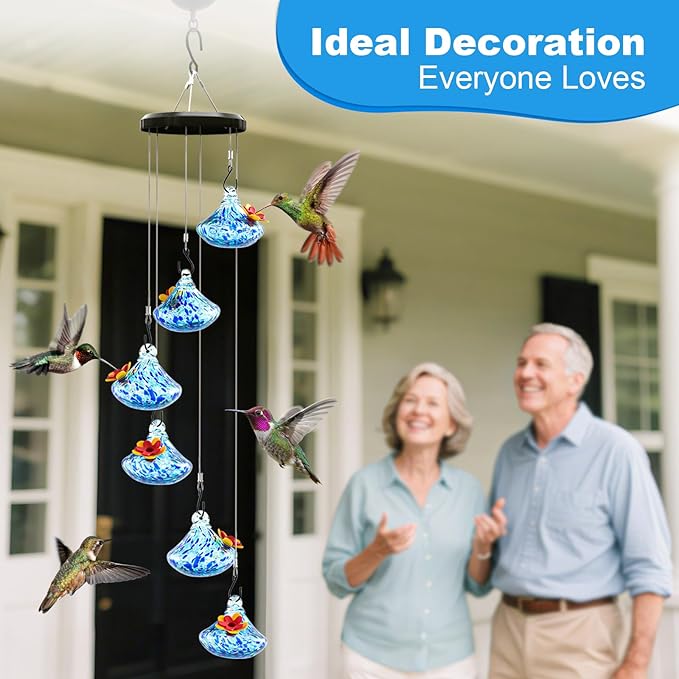 Wind Chime Glass Hummingbird Feeder - 20 Oz Outdoor Hanging Feeder with 6 Ports, Attract More Hummingbirds, Leak-Proof Design, Unique Garden Backyard Decor & Ideal Gift (Blue)